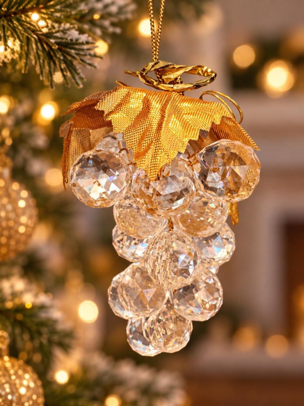 Vintage Acrylic Grape Cluster Christmas Ornament, Clear Grapes with Gold Leaves